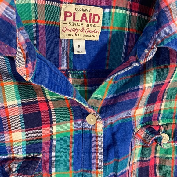 Old Navy Blue Green Plaid Cotton Button Down, Med - Picture 3 of 3